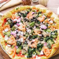 Veggie Pizza · Green peppers, onions, mushrooms, broccoli, olives, spinach, tomatoes and fresh garlic.