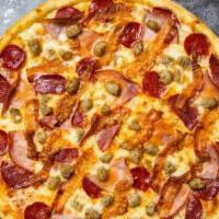 Glad To Meat You Pizza  · Mozzarella, pepperoni, chicken, and sausage baked on a hand-tossed dough