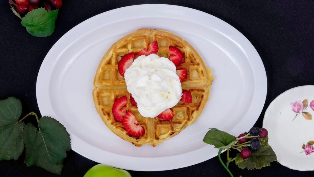 Waffle Goodies · Topped with strawberries or blueberries and whipped cream if requested.