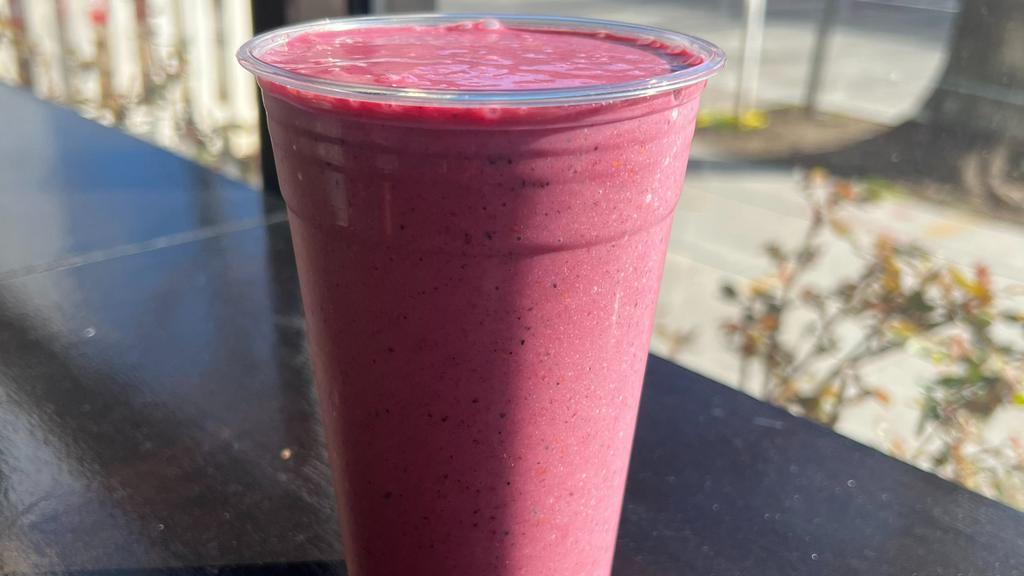 Berry Banana Smoothie · New smoothie made w/ mixed berries, banana, flaxseeds, oat milk, cinnamon, and honey. 24oz only