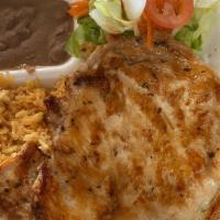 13# Pollo Asado · Grilled chicken, served with salad, rice, and beans.