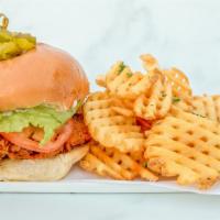 Southern Chick · Hand battered, crispy fried chicken breast on a toasted brioche bun served with lettuce, tom...