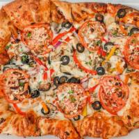 The Forest Fairy · Our house red sauce topped with a wild mushroom mix, red onion, diced peppers, olives, feta,...