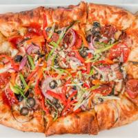 The Mega Mix · Ham, pepperoni, spicy Italian sausage, bacon, red onion, diced peppers, wild mushrooms, oliv...