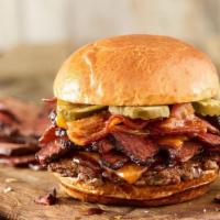 Smoked Bacon Brisket Burger · Certified Angus Beef, smoked aged cheddar cheese, brisket, applewood smoked bacon, pickles, ...