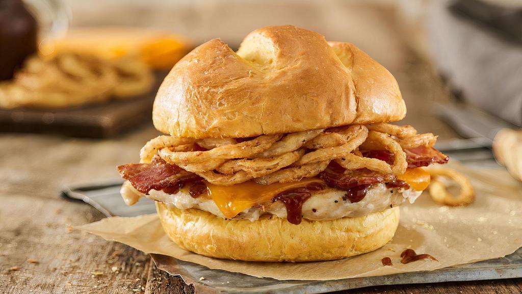 Bbq Bacon Cheddar Grilled Chicken Sandwich · Grilled chicken breast, aged cheddar cheese, applewood smoked bacon, haystack onions, bbq sauce, toasted bun