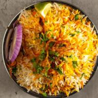 Hyderabadi Veg Dum Biryani · Savory authentic basmati rice cooked with caramelized onions ginger garlic cardamom turmeric...