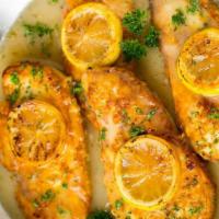 Chicken Francese · Sautéed chicken in a velvety white wine sauce over your choice of pasta.