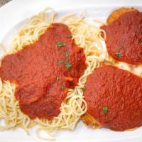 Chicken Parmigiana · Topped with mozzarella cheese and tomato sauce, served with spaghetti.