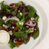 Summer Bleu · Spinach and Arcadian mix, candied pecans, red grapes, red onions, blue cheese crumbles and o...