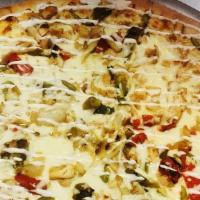 Salsa Verde With Chicken Pizza · Salsa verde base with mozzarella cheese, roasted red and green peppers, fried onions, grille...