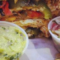 Chicken Quesadillas · fried onions, roasted red & green peppers & cheddar jack cheese. choice of fresh jumbo handm...