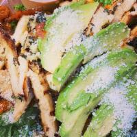 Garlic Parm Chicken Salad · Grilled chicken breast tossed in our garlic parmesan sauce with bacon, croutons and avocado ...
