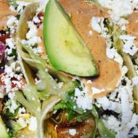 Tomatillo Chipotle Shrimp Tacos · 3 tacos with lettuce, pico de gallo, queso fresco, avocado & chipotle mayo with flour or cor...