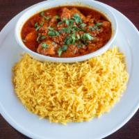 Chicken Tikka Masala · Chicken cubes sautéed in a masala sauce with red onions and bell peppers. Rice can be substi...