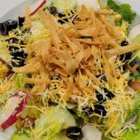 Fiesta House Salad · Mix lettuce, cucumbers, radish, pico de gallo, corn relish, black olives. Topped with mixed ...