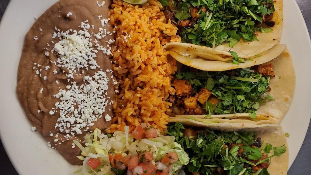 3 Taco Platter · 3 Mexican street tacos with your choice of meat, with a side of salad, rice and refried beans.