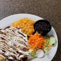 Enchiladas · Corn tortilla stuffed with cheese, your choice of chicken, beef or only cheese. Wet with you...