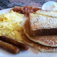Big Breakfast · 2 eggs any style, 2 buttermilk pancakes, 2 triangles of French toast, 2 strips of bacon and ...