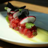 Bluefin Tuna Tartare* · squid ink crisps, apple, togarashi, wasabi-sesame aioli