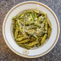 Basil Pesto Penne · penne pasta w/ asparagus, green beans & roasted pine nuts in a basil pesto sauce