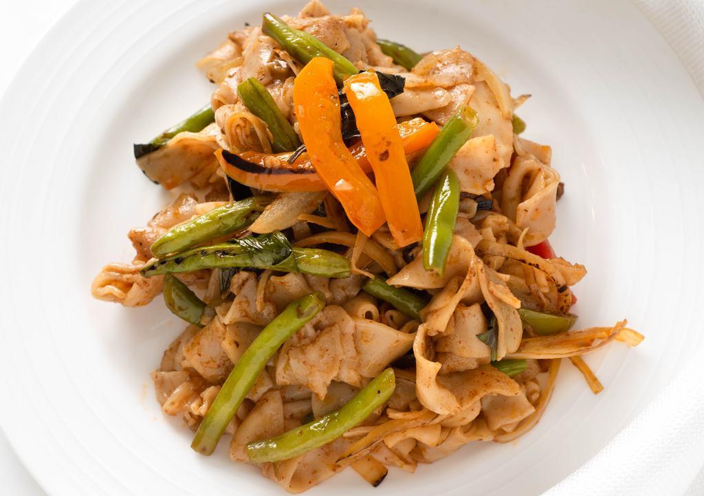 Drunken Noodles · Most popular. Rice noodles, mixed vegetables and basil leaves in chili garlic sauce.