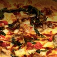 Greek Spinach Florentine · Olive oil, garlic, spinach, kalamata olives, artichokes, sundried tomatoes and Feta cheese. ...
