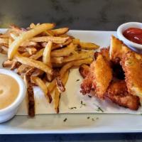 Chicken Tenders & Fries · Homemade chicken tenders with hand cut fries on the side.