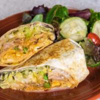 Tinga Burrito · Pulled chicken in chipotle sauce with onions, cheddar cheese, lettuce, rice, refried beans, ...