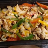 Chicken Fajitas · Chicken, grilled green peppers, red bell peppers and onions, soft corn tortillas, cheddar ch...