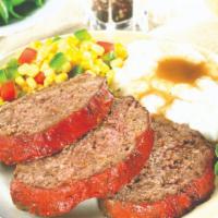 Meatloaf With Mashed Potato & Green Beans (Cold, 16 Oz) · All beef meatloaf with mashed potatoes and corn. 16 oz