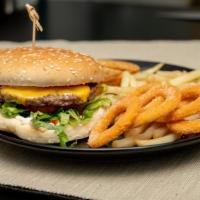 Cheeseburger · American cheese, lettuce tomatoes, pickles, mayonnaise, ketchup.