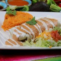 Burrito Chipotle · With beans and cheese, covered with melted cheese and chipotle sauce. Served with salad, ric...