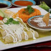 Enchiladas Verdes · 4 chicken enchiladas covered in green sauce. Served with rice, beans and salad.