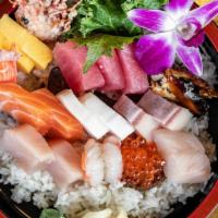 Chirashi Deluxe · Fresh raw fish sashimi on a bed of rice