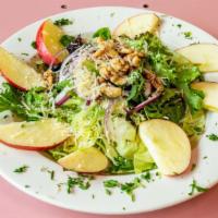 Apple Harvest Salad · Assorted mixed greens, sliced apples, onions, walnuts, bleu cheese crumbles topped with gril...
