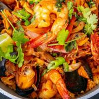 Paella Del Mar · Shrimp, calamari, clams, mussels, olive oil, garlic, white wine, roasted onions, scallions, ...