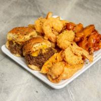 Beef Boom Burger Combo · Platter includes 2 Boom Burgers, Wings,
 Fries, and 1 Roll
Only 1 Substitution can be made w...