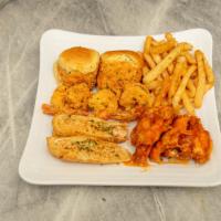  Salmon Burger Combo  · Platter includes 2 Boom Burgers, Wings, Rolls, Fries, And Shrimp
Only 1 Substitution can be ...