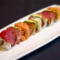 Rainbow Roll · Raw. Cooked shrimp, crabstick, tobiko & spicy mayo, wrapped w/ tuna, salmon, white fish, and...