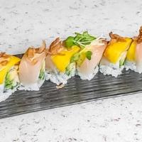 Torch Roll · Raw. Avocado, cucumber & spicy mayo wrapped with scorched yellowtail, yuzu sauce, and tobiko.