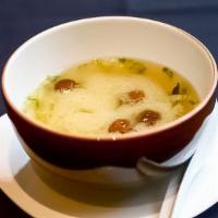 Nameko Miso Soup · soybean soup with silkened tofu, nameko mushroom, seaweed & scallions.