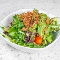 House Salad · mesclun greens, cherry tomatoes & cucumbers with house ginger dressing and fried onion.