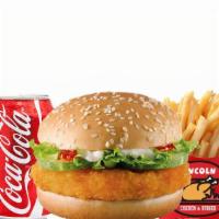 Fish Fillet Sandwich With Fries And Soda  · Served with lettuce, tomatoes, pickles, mayo, salt, pepper, onions, and cheese.