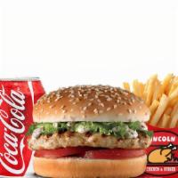 Grilled Chicken Sandwich With Fries And Soda · Served with lettuce, tomatoes, pickles, mayo, salt, pepper, onions, and cheese.