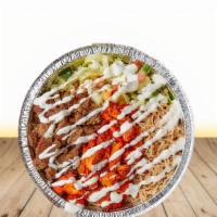 Chicken And Lamb Over Rice  · Served with lettuce, Tomatoes, Cucumbers, onions, green peppers, white sauce, and hot sauce