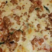 Florentine Pizza  · With shrimp. Fresh sliced tomatoes, fresh leaf spinach, chopped garlic and ricotta.