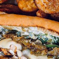 Salmon Cheesesteak · Griddled chopped salmon, peppers, and onions, smothered in provolone cheese and lime crema, ...