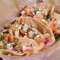 Shrimp Taco Basket (3) · Three (3) soft-corn tortilla tacos with fried shrimp, spicy vinegar slaw, and jalapeños, dri...