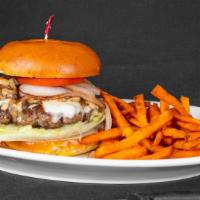 Emily Burger · Delicious hand pattied 8 oz. cheese burger topped with grilled mushrooms and grilled onions ...